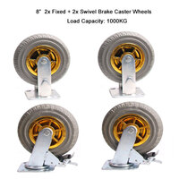 4x 8" Heavy Duty Industrial 2x Swivel Brake + 2x fixed Caster Tyre Tyres Wheel Wheels Castor 1000KG Trolley