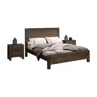 3 Pieces Bedroom Suite in Solid Wood Veneered Acacia Construction Timber Slat Queen Size Chocolate Colour Bed, Bedside Table