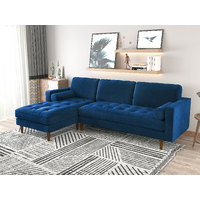 Velvet Upholstery 2 Seater Tufted Sofa Blue Color Lounge Set for Living Room Couch with Chaise