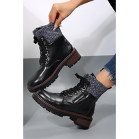 Black Knitted Patched Lace-up Heeled Ankle Boots - 42 EU