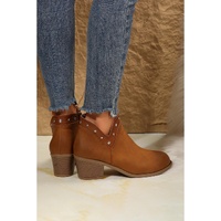 Chestnut Studded Faux Leather Chunky Heel Ankle Boots - 40 EU