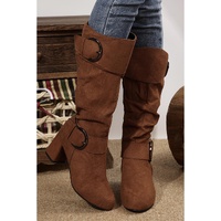 Coffee Suede Double Buckled Side Zipped Mid-calf Boots - 41 EU