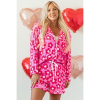 Pink Flower Print Long Sleeve Shirt Shorts Pajamas Set - L