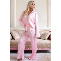 Light Pink Satin Knot Accent Shirt and Ruffled Pants Lounge Set - L