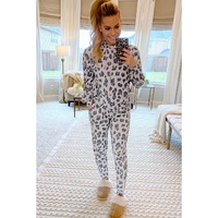 Khaki Leopard Print Drawstring Hoodie and Skinny Pants Lounge Set - L