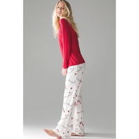 Red Solid Top and Christmas Pants Two Piece Lounge Set - XL