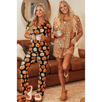 Orange Halloween Pattern Short Sleeve Shirt Pajama Set - XL
