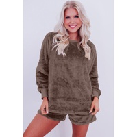 Coffee Solid Loose Fit Two Piece Fleece Lounge Set - 2XL