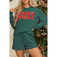 Evergreen Corded MERRY Graphic Long Sleeve Top and Shorts Set - 2XL