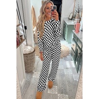 Black Checkered Print Long Sleeve Top and Pants Lounge Set - S