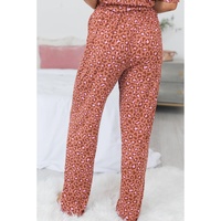 Brown Leopard Print Short Sleeve Shirt and Pants Pajamas Set - L