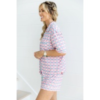 Purple Checkered Pattern Short Sleeve Pajamas Set - L
