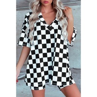 Black Checkerboard Print V Neck Loose Tee and Shorts Lounge Set - XL