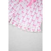 Pink Bowknot Printed Short Sleeve and Ruffled Shorts Valentines Pajama Set - M