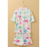 White Bowknot Print Buttoned Shirt High Waist Shorts Pajama Set - L