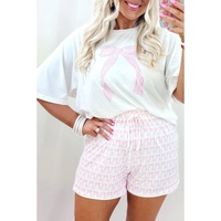 Pink Bow Knot Print Loose Fit Two Piece Casual Lounge Set - M