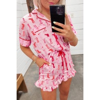 Pink Western Cowgirl Boots Printed Shirt Ruffled Shorts Pajama Set - M