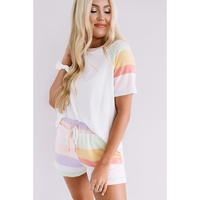White Rainbow Striped T Shirt and Shorts Set - L