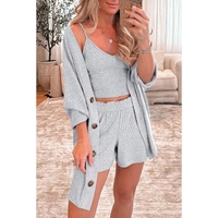 Light Grey 3 Pieces Rib Crop Camisole Matching Shorts Lounge Set with Cardigan - L
