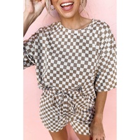 Brown Checkered Top and Short Casual 2pcs Set - XL