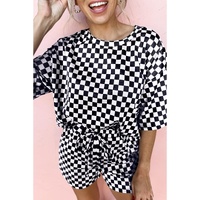 Black Checkered Top and Short Casual 2pcs Set - S