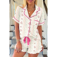 Beige Floral Print Contrast Pipping Short Pajamas Set - L