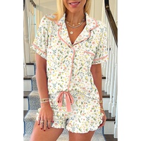 White Floral Print Contrast Pipping Short Pajamas Set - L