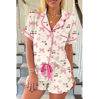 Beige Bow Fruit Print Contrast Pipping Short Pajamas Set - L