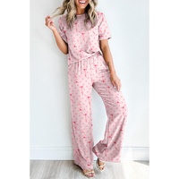 Pink Bow Knot Polka Dot Print Short Sleeve Top Lounge Set - XL