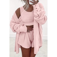 Light Pink 3 Pcs Crop Tank Top Shorts with Cardigan Lounge Set - L