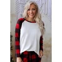 Red Plaid Raglan Sleeves Top and Drawstring Pants Lounge Set - L