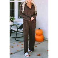 Brown Ribbed Knit Collared Henley Top and Pants Lounge Outfit - L