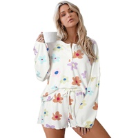 White Floral Long Sleeve Henley Top and Drawstring Shorts Set - L