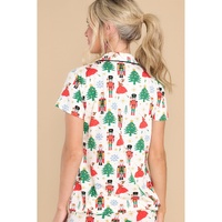 White Printed Christmas Pattern Buttoned Two Piece Sleepwear - L