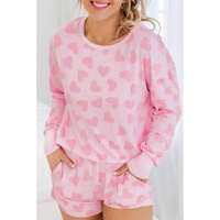 Pink Valentine Heart Shape Print Long Sleeve Top Shorts Lounge Set - S