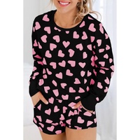 Black Valentine Heart Shape Print Long Sleeve Top Shorts Lounge Set - M