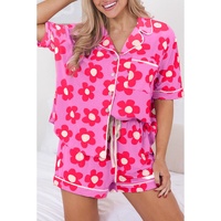 Pink Flower Print Short Sleeve Shirt Pajamas Set - L