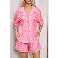 Pink Flower Print Short Sleeve Shirt Pajamas Set - XL