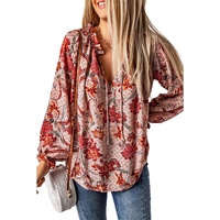 Pink Split V Neck Printed Blouse - L