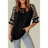 Azura Exchange Leopard Patchwork Ruffled Sleeve Top - S