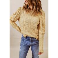 Azura Exchange Puffy Sleeve Khaki Textured Knit Top - XL