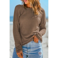 Dark Brown Waffle Knit Drop Shoulder Long Sleeve Top - M