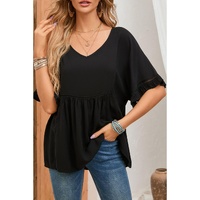 Azura Exchange Black Ruffled Lace Detail Loose V Neck Top - M