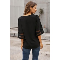 Black Flare Sleeve V Neck Loose Blouse - L