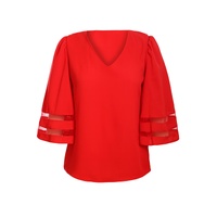 Red Flare Sleeve V Neck Loose Blouse - M