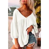 Azura Exchange Textured V Neck Bracelet Sleeve Babydoll Blouse - L