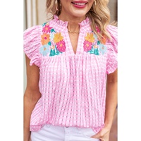 Azura Exchange Check Ruffle Sleeves Blouse with Floral Embroidery - L
