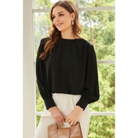 Black Padded Shoulder Buttoned Cuffs Pleated Loose Blouse - L