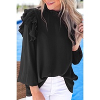 Black Button Keyhole Back Pleated Ruffle Trim Blouse - L