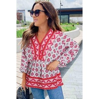 Red Geometric Print 3/4 Sleeve V-Neck Shirred Waist Flared Blouse - S